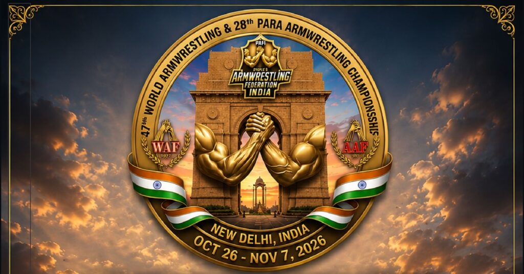 47. Pasaules čempionāta armvrestlingā un 28. Pasaules čempionāta para armvrestlingā logo, New Delhi, Indija, 2026