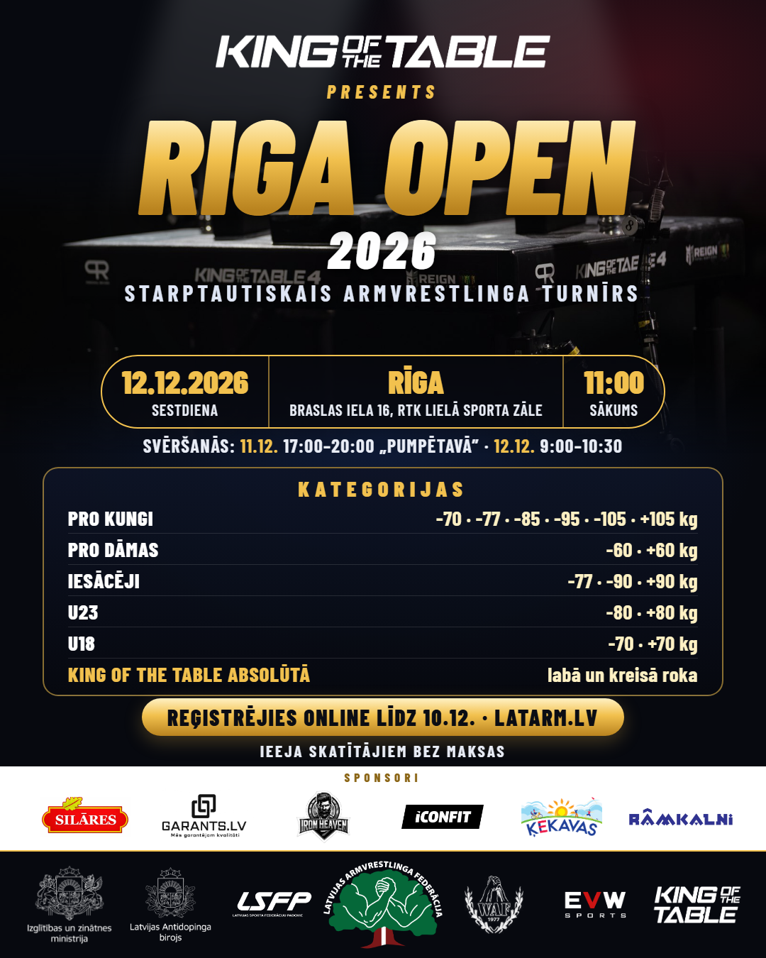 Riga Open 2026 plakāts – starptautiskais armvrestlinga turnīrs, Rīga, 12.12.2026.
